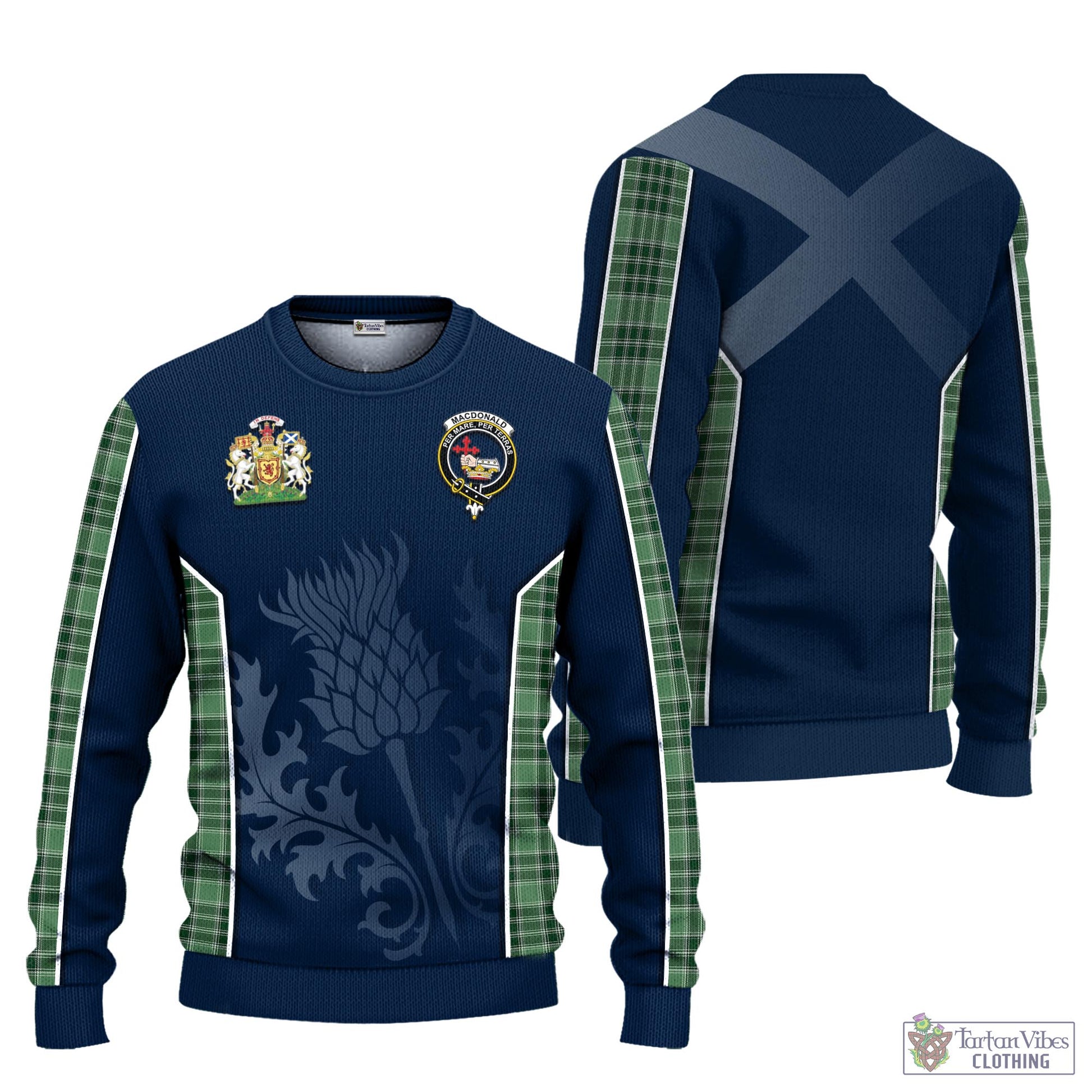 Tartan Vibes Clothing MacDonald Lord of the Isles Hunting Tartan Knitted Sweatshirt with Family Crest and Scottish Thistle Vibes Sport Style