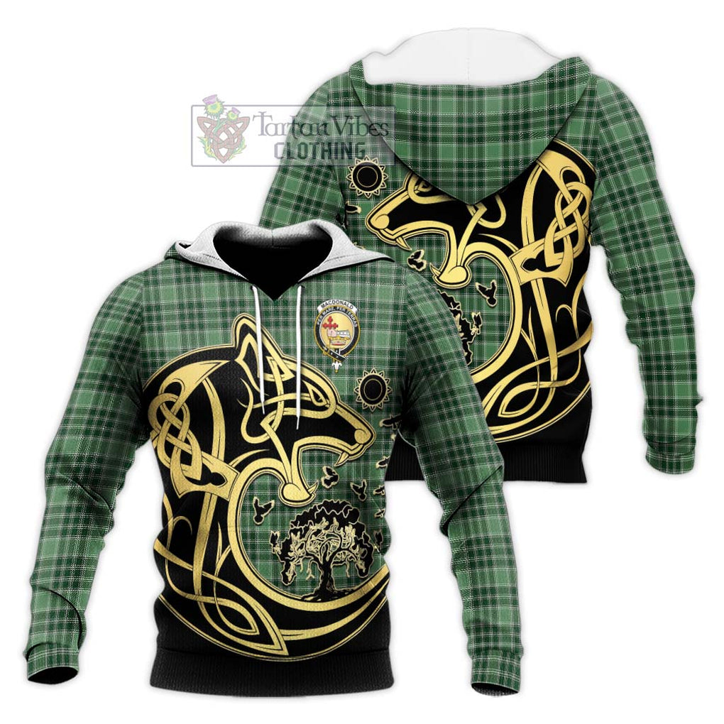 MacDonald Lord of the Isles Hunting Tartan Knitted Hoodie with Family Crest Celtic Wolf Style Unisex Knitted Pullover Hoodie - Tartan Vibes Clothing