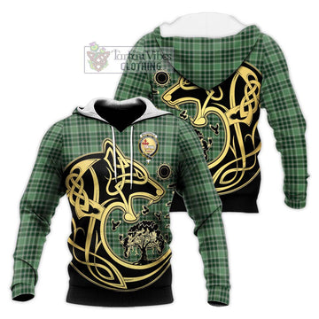 MacDonald Lord of the Isles Hunting Tartan Knitted Hoodie with Family Crest Celtic Wolf Style