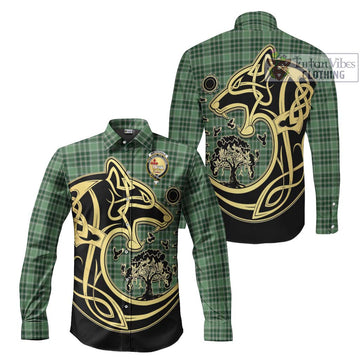 MacDonald Lord of the Isles Hunting Tartan Long Sleeve Button Shirt with Family Crest Celtic Wolf Style