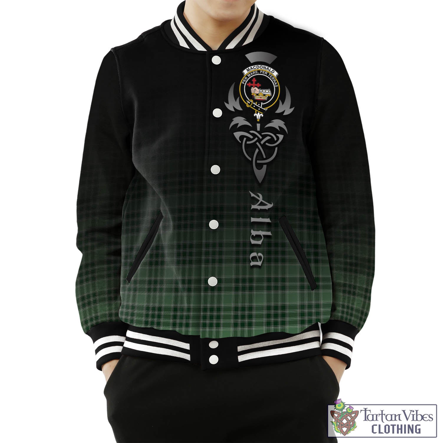 Tartan Vibes Clothing MacDonald Lord of the Isles Hunting Tartan Baseball Jacket Featuring Alba Gu Brath Family Crest Celtic Inspired