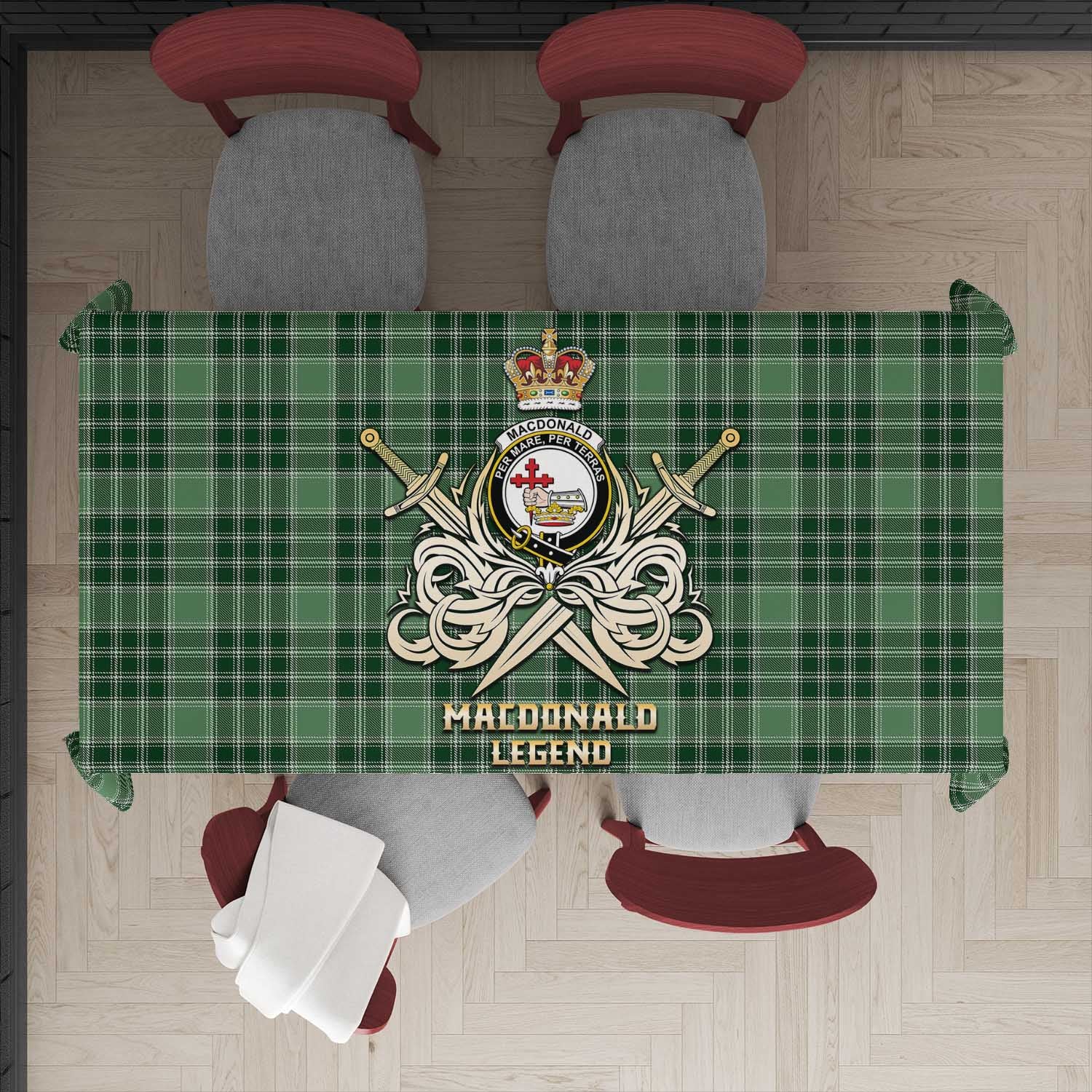 Tartan Vibes Clothing MacDonald Lord of the Isles Hunting Tartan Tablecloth with Clan Crest and the Golden Sword of Courageous Legacy