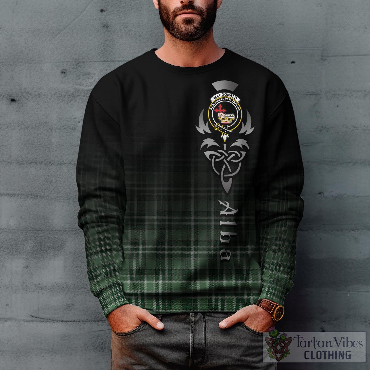 Tartan Vibes Clothing MacDonald Lord of the Isles Hunting Tartan Sweatshirt Featuring Alba Gu Brath Family Crest Celtic Inspired