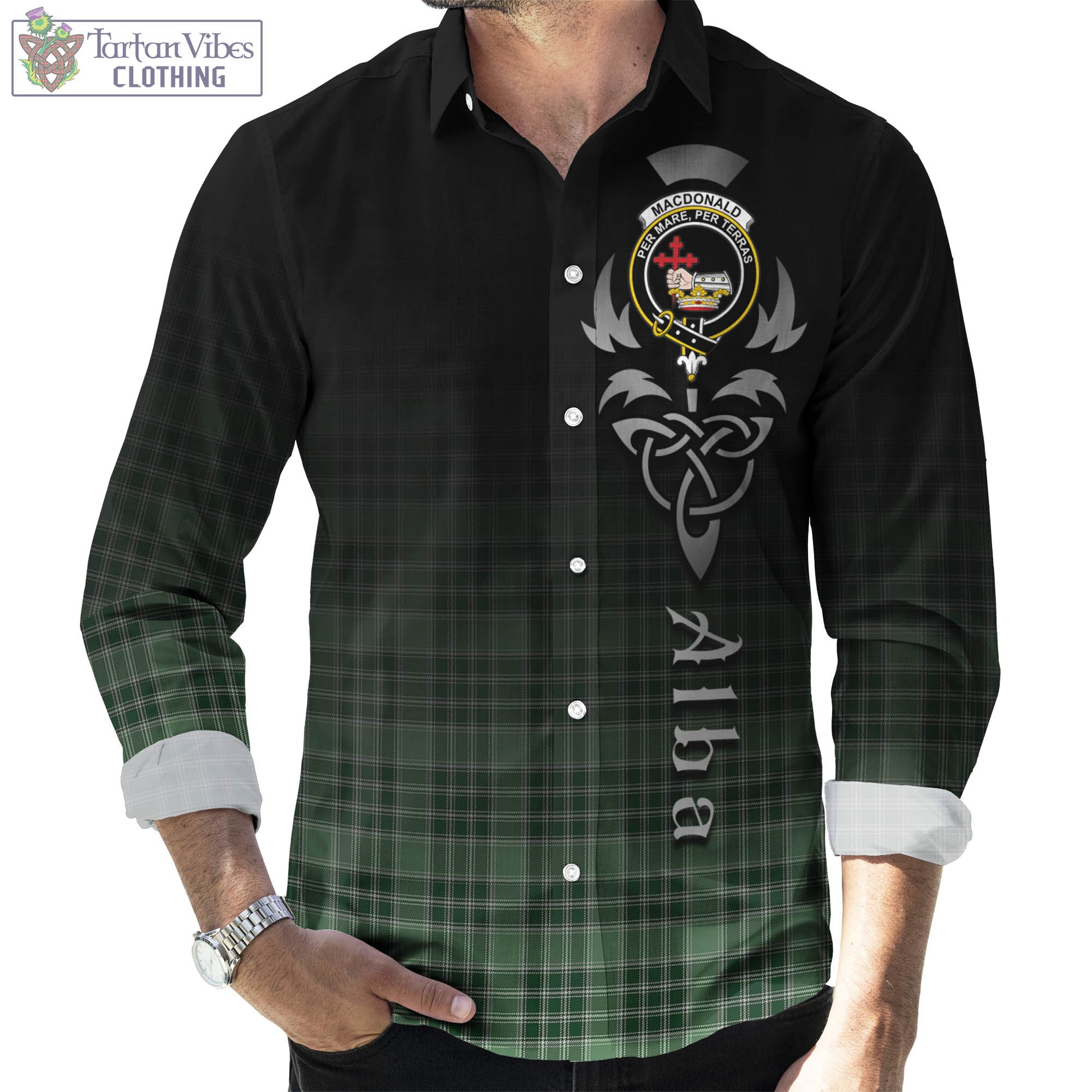 Tartan Vibes Clothing MacDonald Lord of the Isles Hunting Tartan Long Sleeve Button Up Featuring Alba Gu Brath Family Crest Celtic Inspired