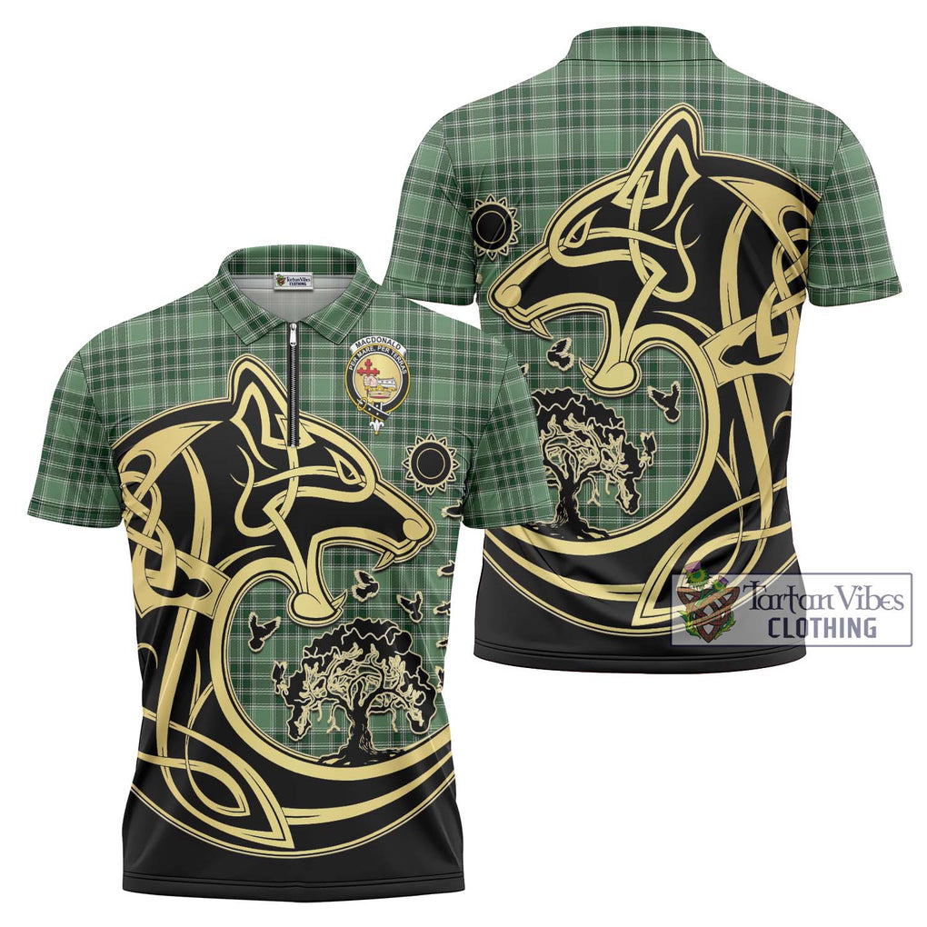 MacDonald Lord of the Isles Hunting Tartan Zipper Polo Shirt with Family Crest Celtic Wolf Style Unisex - Tartanvibesclothing Shop