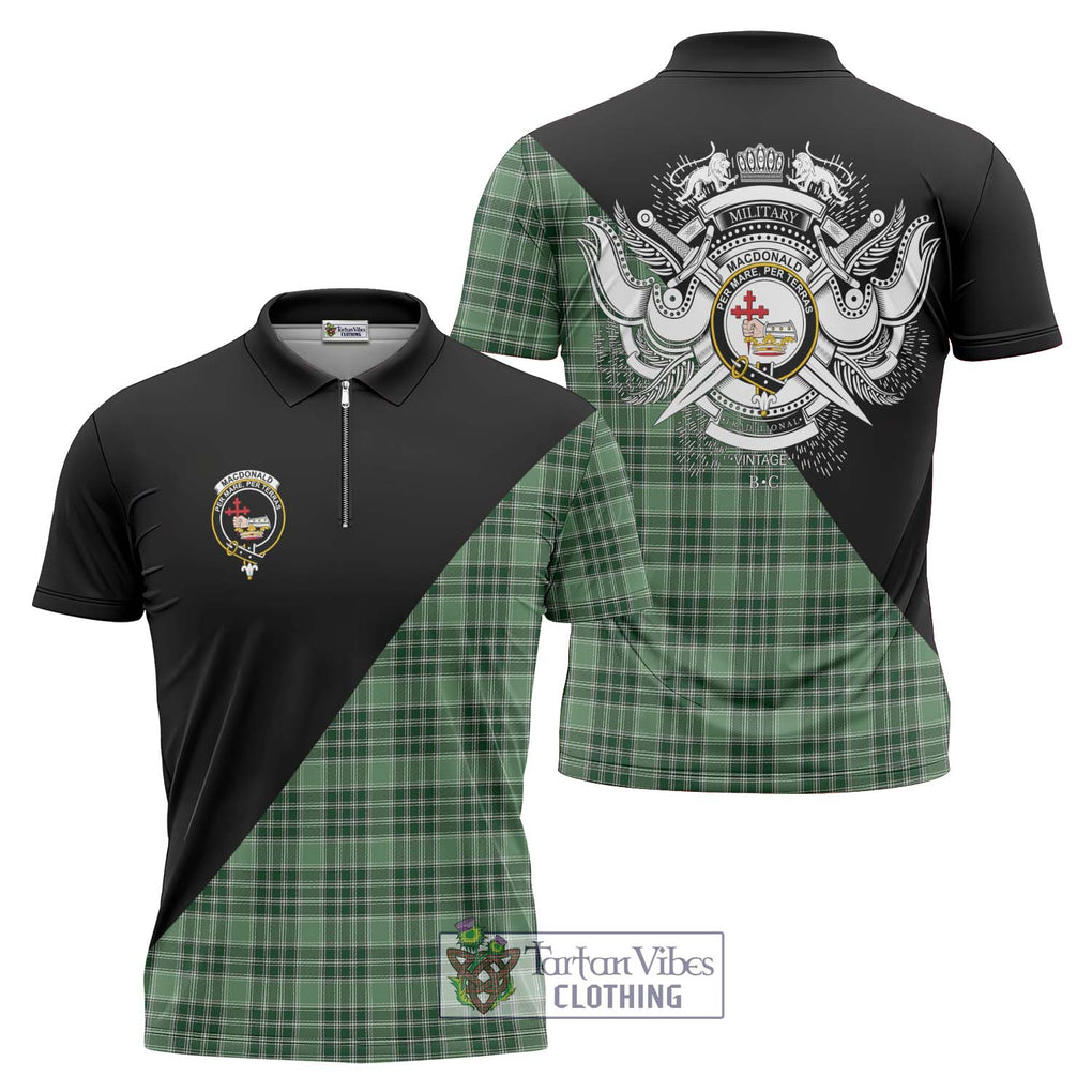 MacDonald Lord of the Isles Hunting Tartan Zipper Polo Shirt with Family Crest and Military Logo Style Unisex - Tartanvibesclothing Shop