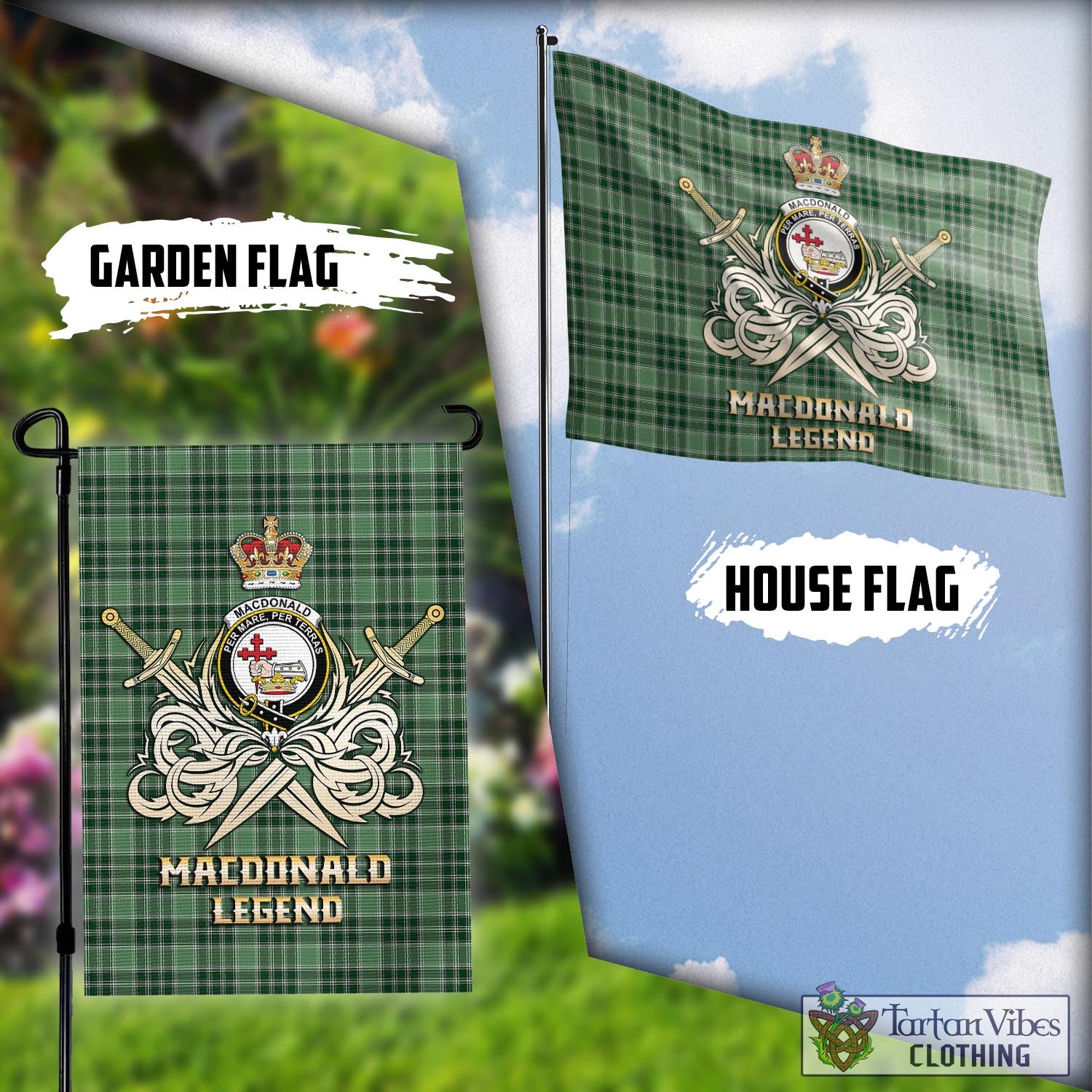 Tartan Vibes Clothing MacDonald Lord of the Isles Hunting Tartan Flag with Clan Crest and the Golden Sword of Courageous Legacy