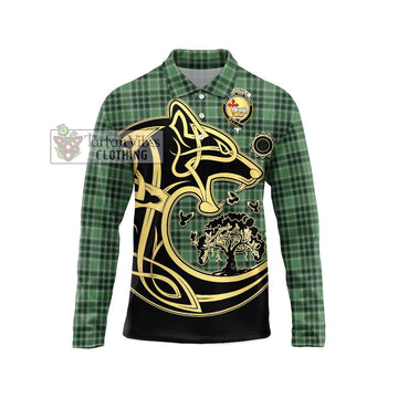 MacDonald Lord of the Isles Hunting Tartan Long Sleeve Polo Shirt with Family Crest Celtic Wolf Style