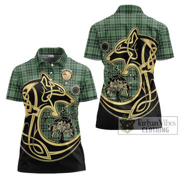 MacDonald Lord of the Isles Hunting Tartan Women's Polo Shirt with Family Crest Celtic Wolf Style