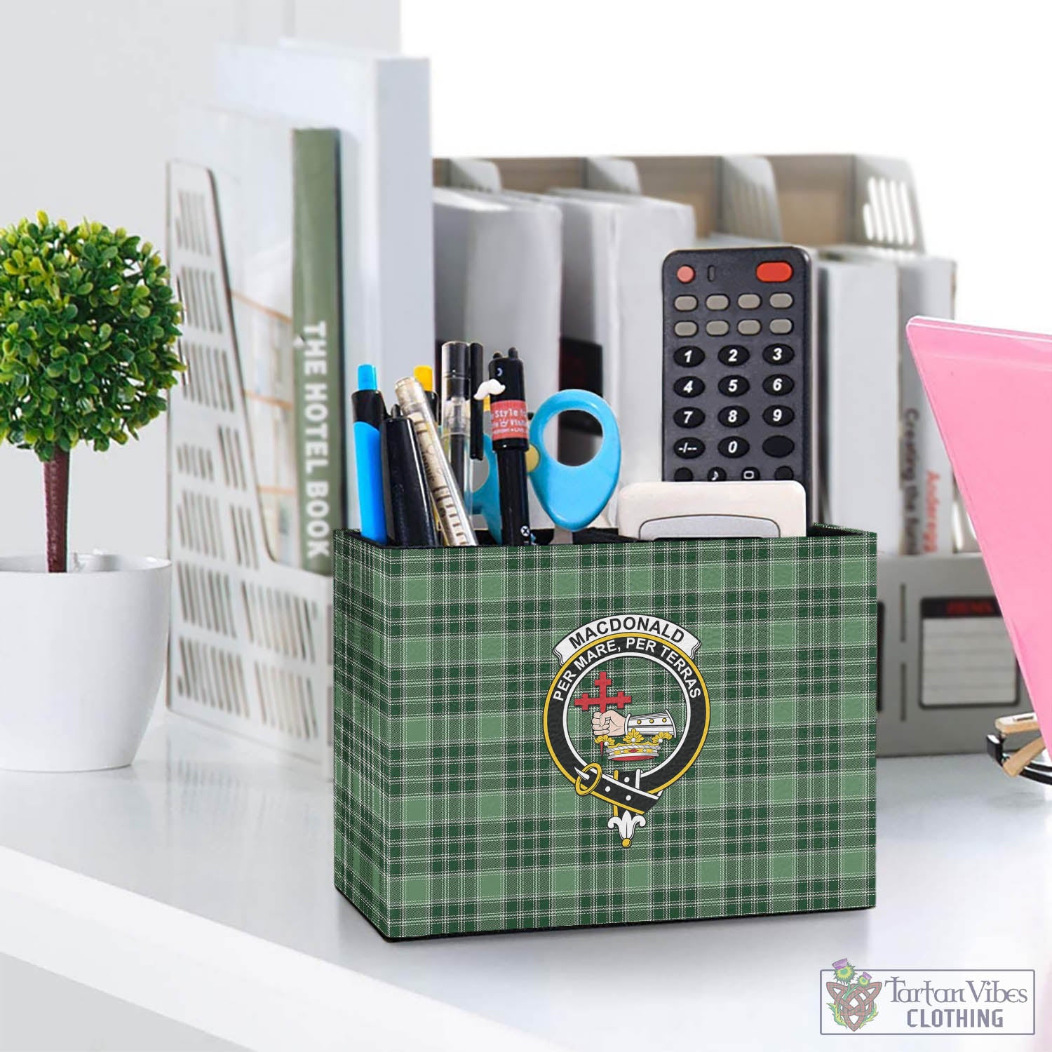 Tartan Vibes Clothing MacDonald Lord of the Isles Hunting Tartan Pen Holder with Family Crest