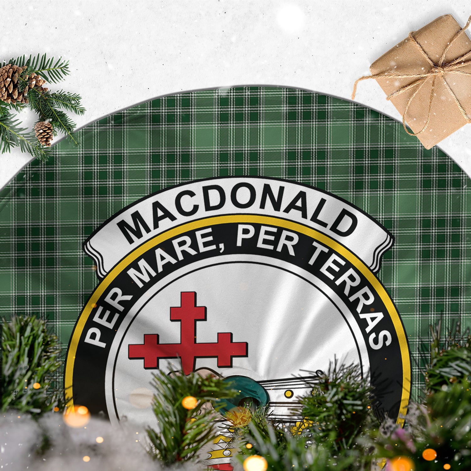 MacDonald Lord of the Isles Hunting Tartan Christmas Tree Skirt with Family Crest - Tartanvibesclothing