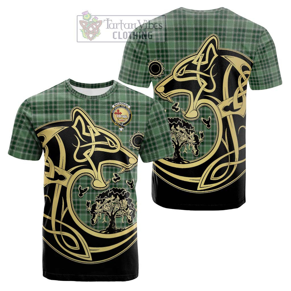 Tartan Vibes Clothing MacDonald Lord of the Isles Hunting Tartan Cotton T-shirt with Family Crest Celtic Wolf Style