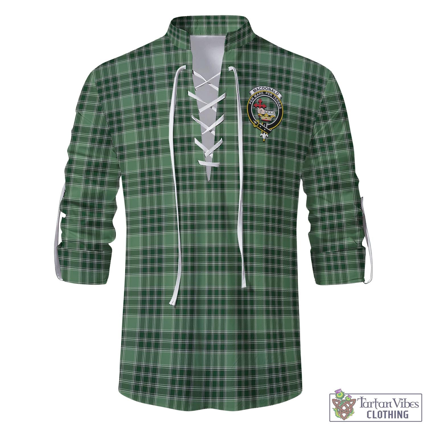 Tartan Vibes Clothing MacDonald Lord of the Isles Hunting Tartan Men's Scottish Traditional Jacobite Ghillie Kilt Shirt with Family Crest