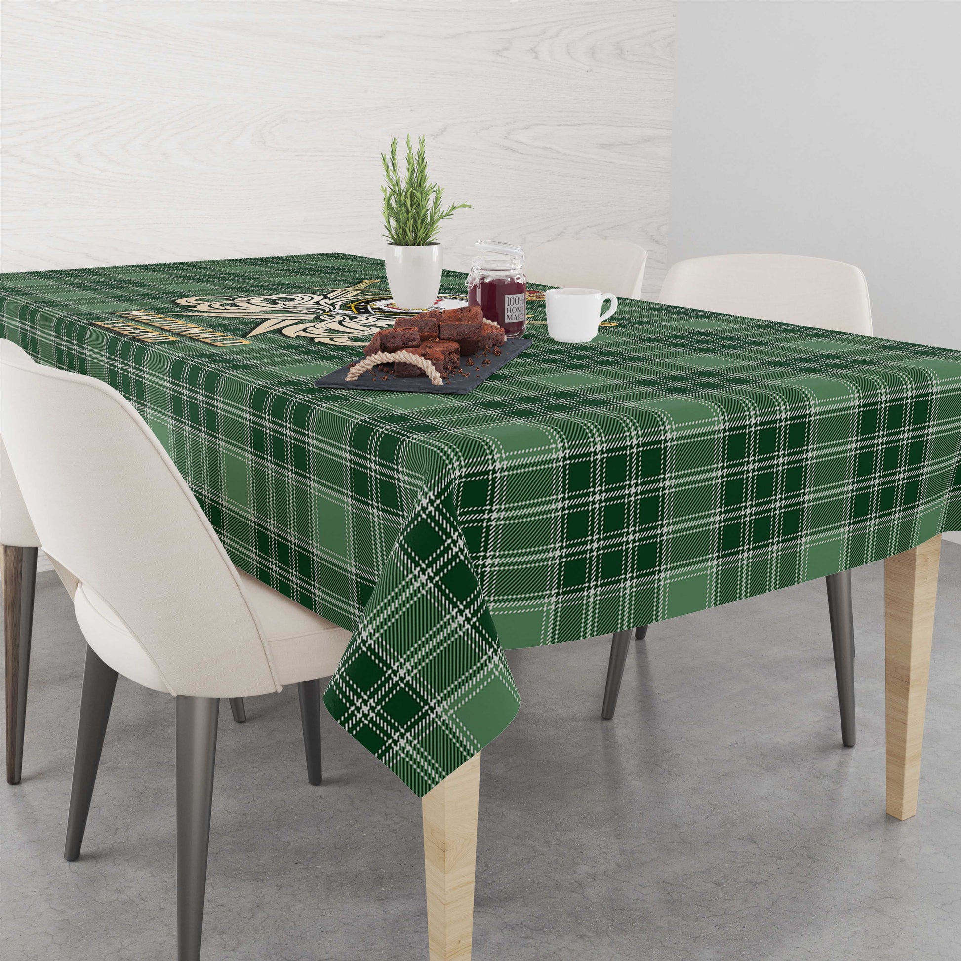 Tartan Vibes Clothing MacDonald Lord of the Isles Hunting Tartan Tablecloth with Clan Crest and the Golden Sword of Courageous Legacy