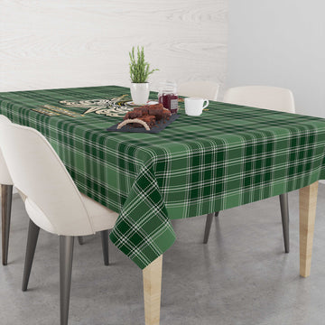 MacDonald Lord of the Isles Hunting Tartan Tablecloth with Clan Crest and the Golden Sword of Courageous Legacy