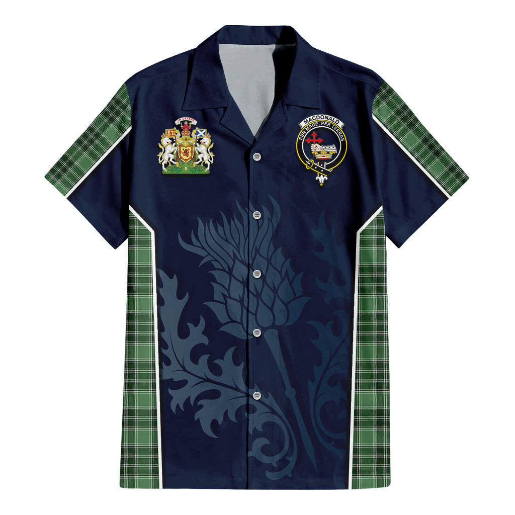 Tartan Vibes Clothing MacDonald Lord of the Isles Hunting Tartan Short Sleeve Button Up Shirt with Family Crest and Scottish Thistle Vibes Sport Style