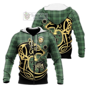 MacDonald Lord of the Isles Hunting Tartan Knitted Hoodie with Family Crest Celtic Wolf Style