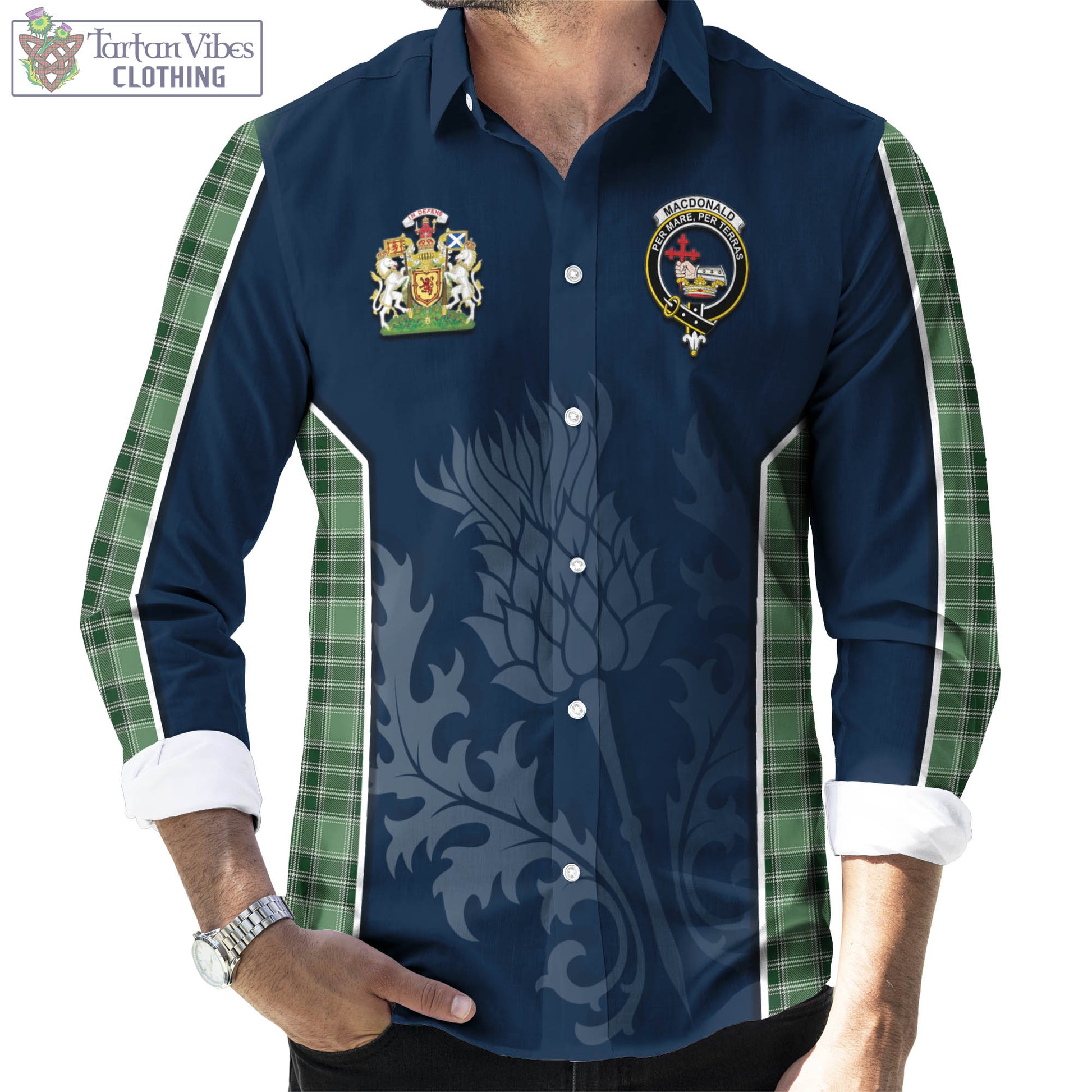 Tartan Vibes Clothing MacDonald Lord of the Isles Hunting Tartan Long Sleeve Button Up Shirt with Family Crest and Scottish Thistle Vibes Sport Style