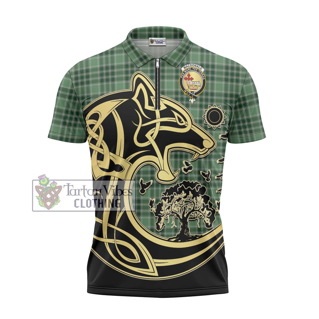 MacDonald Lord of the Isles Hunting Tartan Zipper Polo Shirt with Family Crest Celtic Wolf Style - Tartanvibesclothing Shop