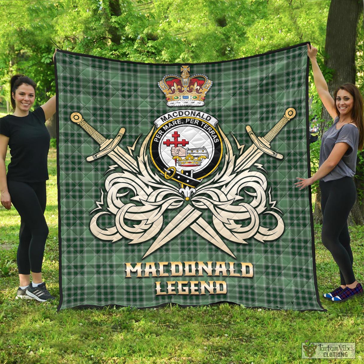 Tartan Vibes Clothing MacDonald Lord of the Isles Hunting Tartan Quilt with Clan Crest and the Golden Sword of Courageous Legacy