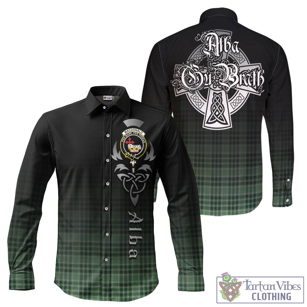 Tartan Vibes Clothing MacDonald Lord of the Isles Hunting Tartan Long Sleeve Button Up Featuring Alba Gu Brath Family Crest Celtic Inspired