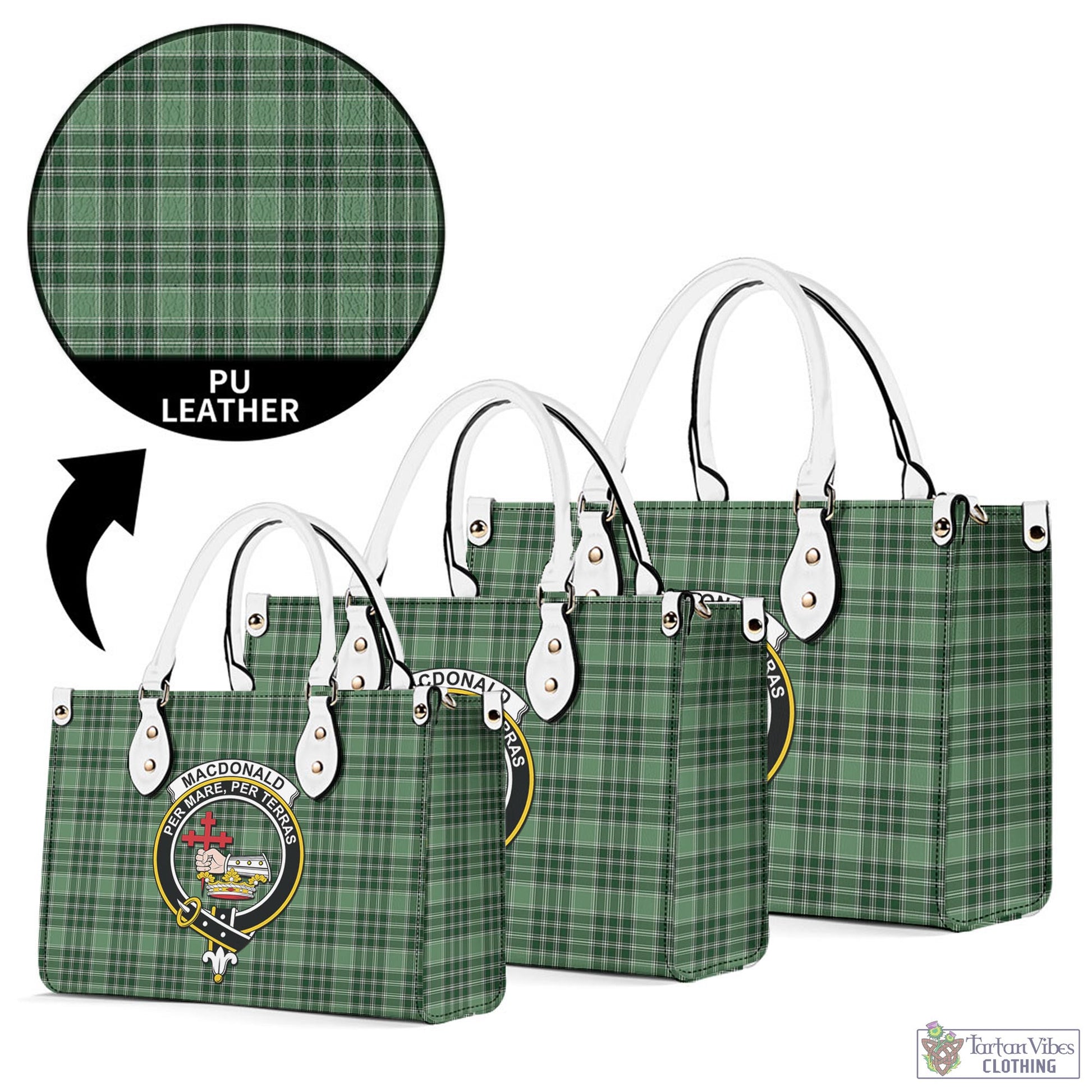 Tartan Vibes Clothing MacDonald Lord of the Isles Hunting Tartan Luxury Leather Handbags with Family Crest