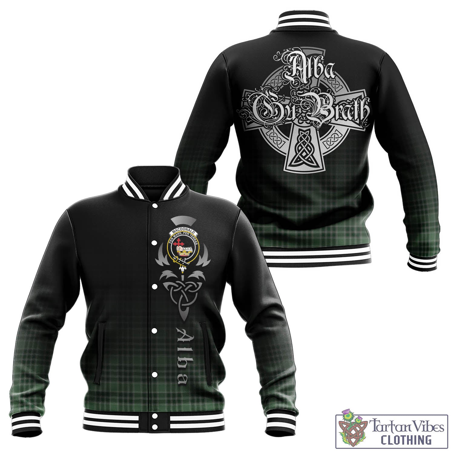 Tartan Vibes Clothing MacDonald Lord of the Isles Hunting Tartan Baseball Jacket Featuring Alba Gu Brath Family Crest Celtic Inspired