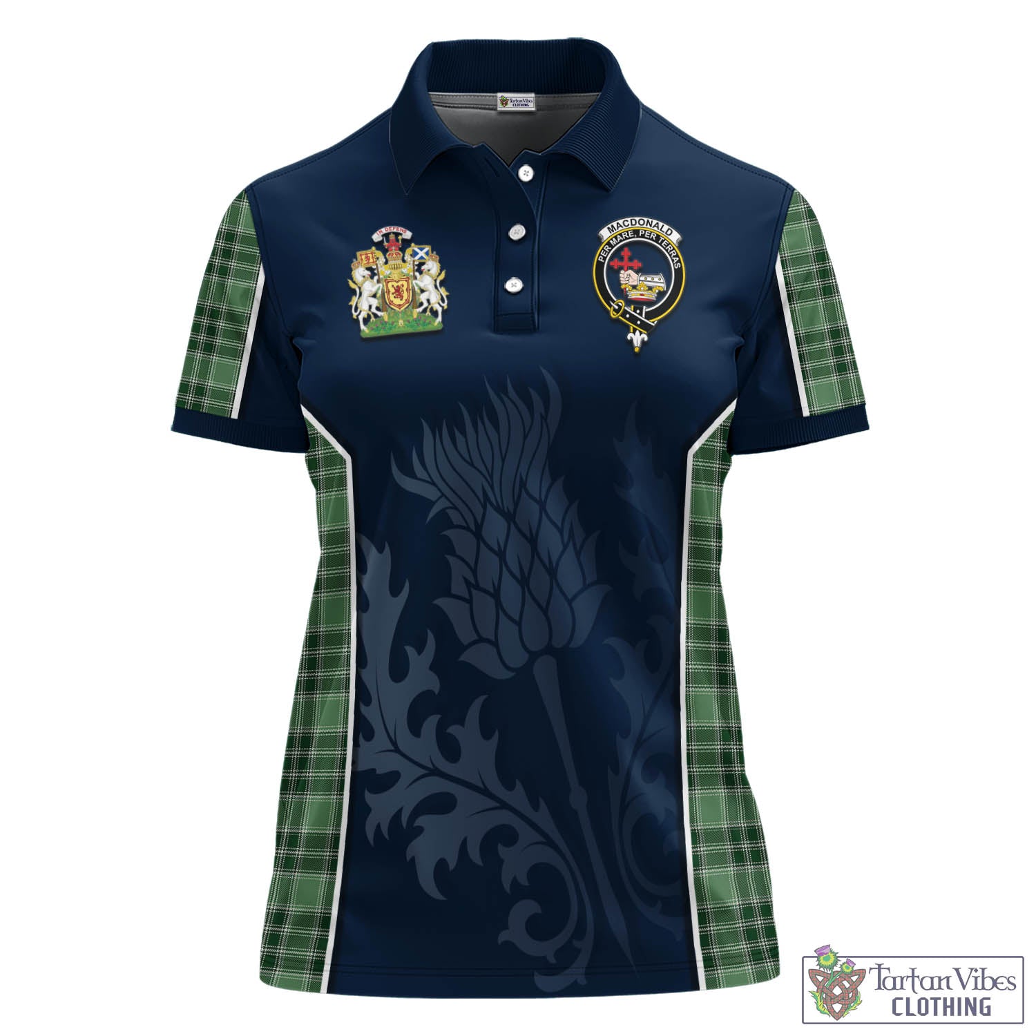 Tartan Vibes Clothing MacDonald Lord of the Isles Hunting Tartan Women's Polo Shirt with Family Crest and Scottish Thistle Vibes Sport Style