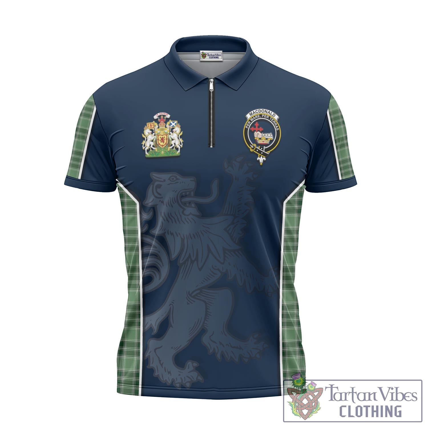 Tartan Vibes Clothing MacDonald Lord of the Isles Hunting Tartan Zipper Polo Shirt with Family Crest and Lion Rampant Vibes Sport Style