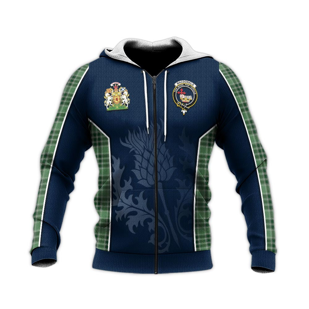 Tartan Vibes Clothing MacDonald Lord of the Isles Hunting Tartan Knitted Hoodie with Family Crest and Scottish Thistle Vibes Sport Style