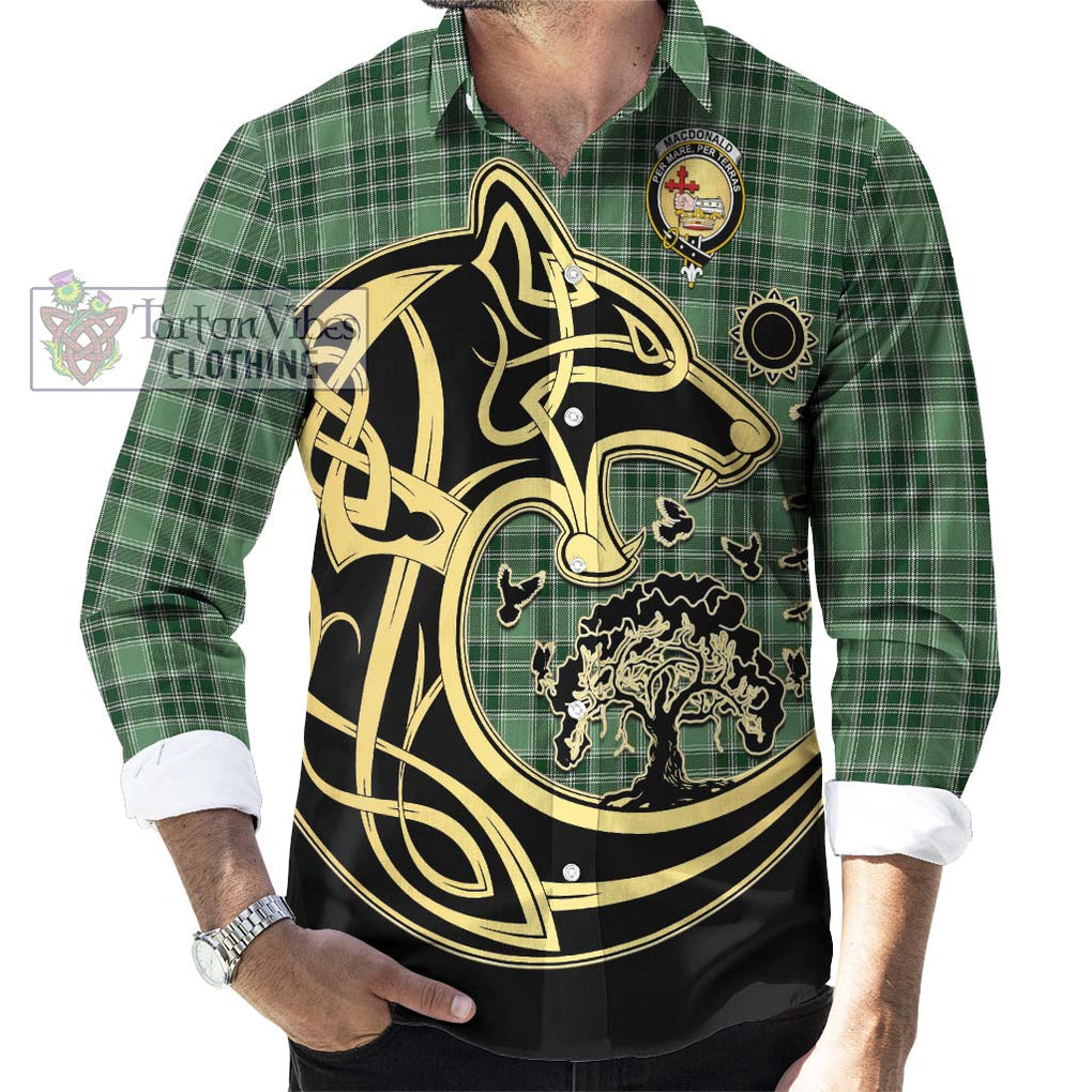 MacDonald Lord of the Isles Hunting Tartan Long Sleeve Button Shirt with Family Crest Celtic Wolf Style - Tartan Vibes Clothing