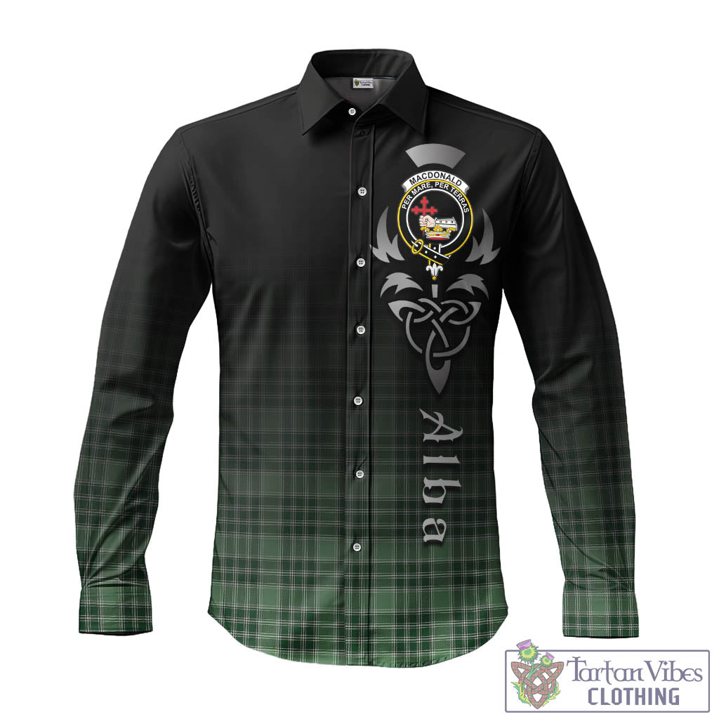 Tartan Vibes Clothing MacDonald Lord of the Isles Hunting Tartan Long Sleeve Button Up Featuring Alba Gu Brath Family Crest Celtic Inspired