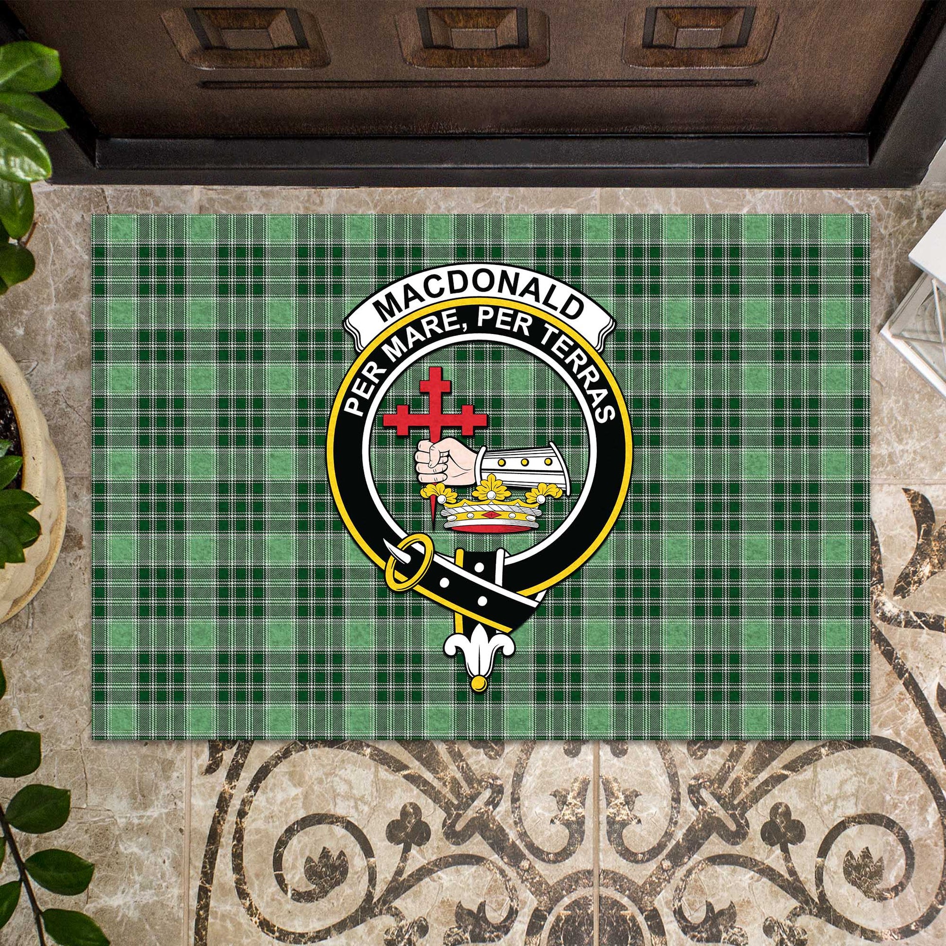 MacDonald Lord of the Isles Hunting Tartan Door Mat with Family Crest - Tartanvibesclothing