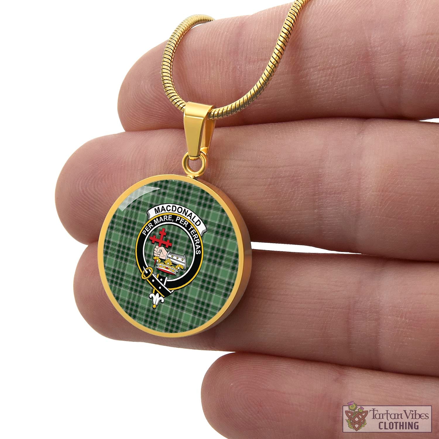 Tartan Vibes Clothing MacDonald Lord of the Isles Hunting Tartan Circle Necklace with Family Crest