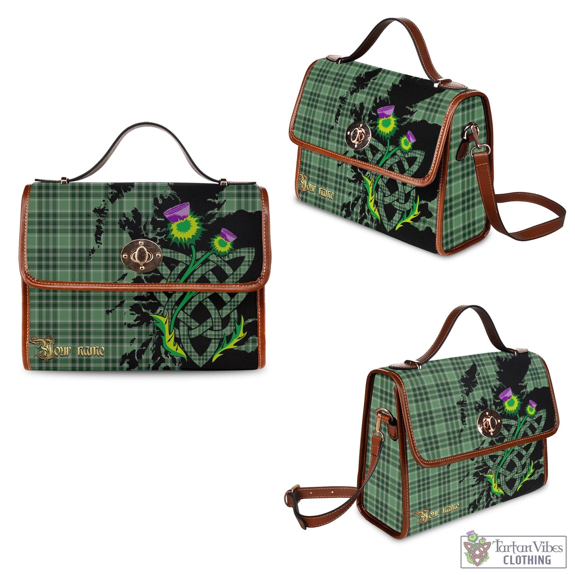 Tartan Vibes Clothing MacDonald Lord of the Isles Hunting Tartan Waterproof Canvas Bag with Scotland Map and Thistle Celtic Accents