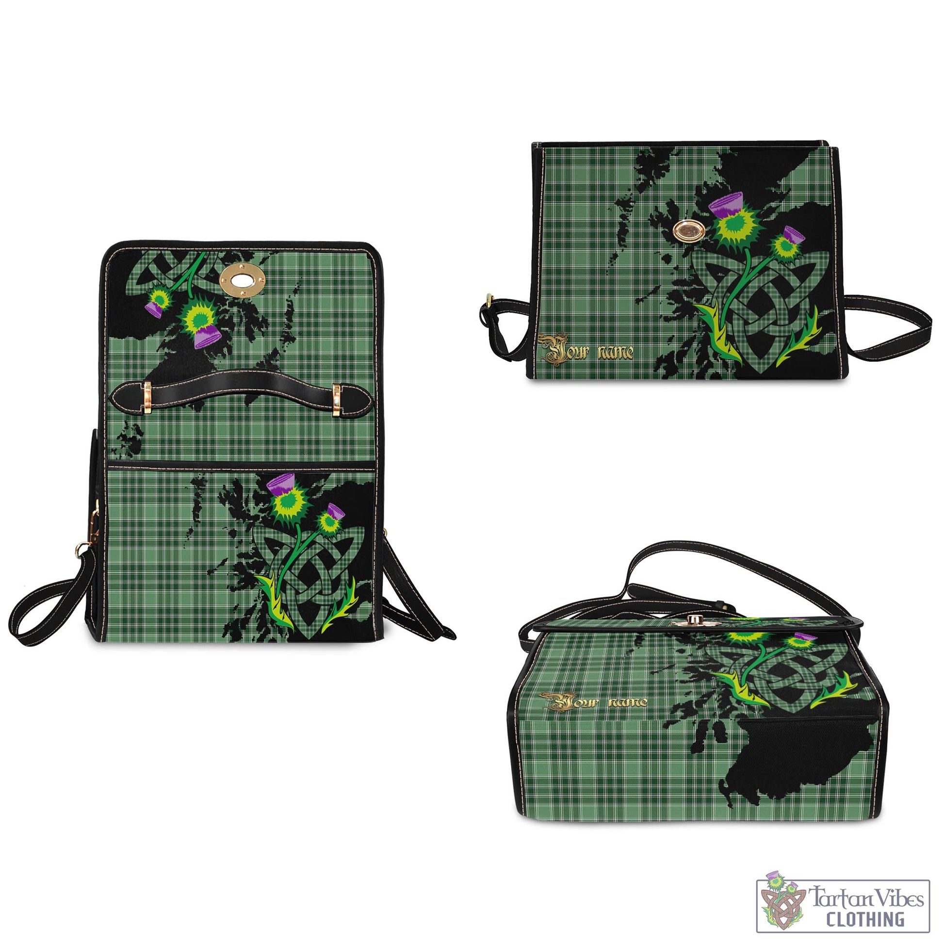 Tartan Vibes Clothing MacDonald Lord of the Isles Hunting Tartan Waterproof Canvas Bag with Scotland Map and Thistle Celtic Accents