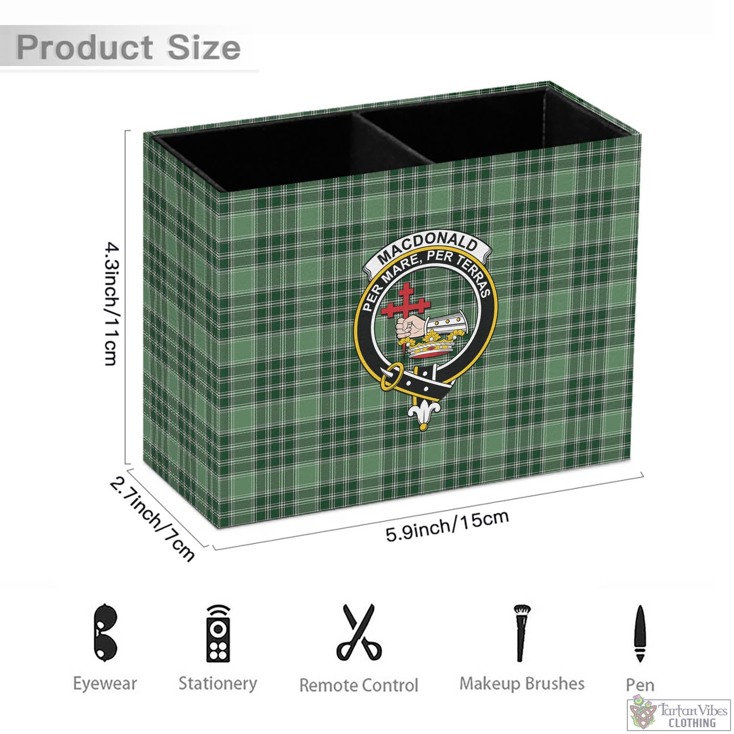 Tartan Vibes Clothing MacDonald Lord of the Isles Hunting Tartan Pen Holder with Family Crest