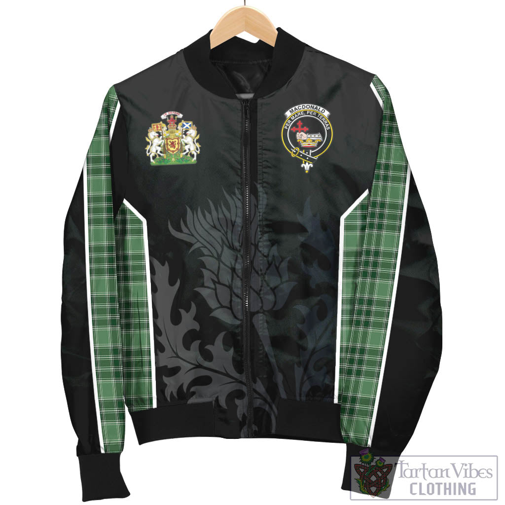 Tartan Vibes Clothing MacDonald Lord of the Isles Hunting Tartan Bomber Jacket with Family Crest and Scottish Thistle Vibes Sport Style