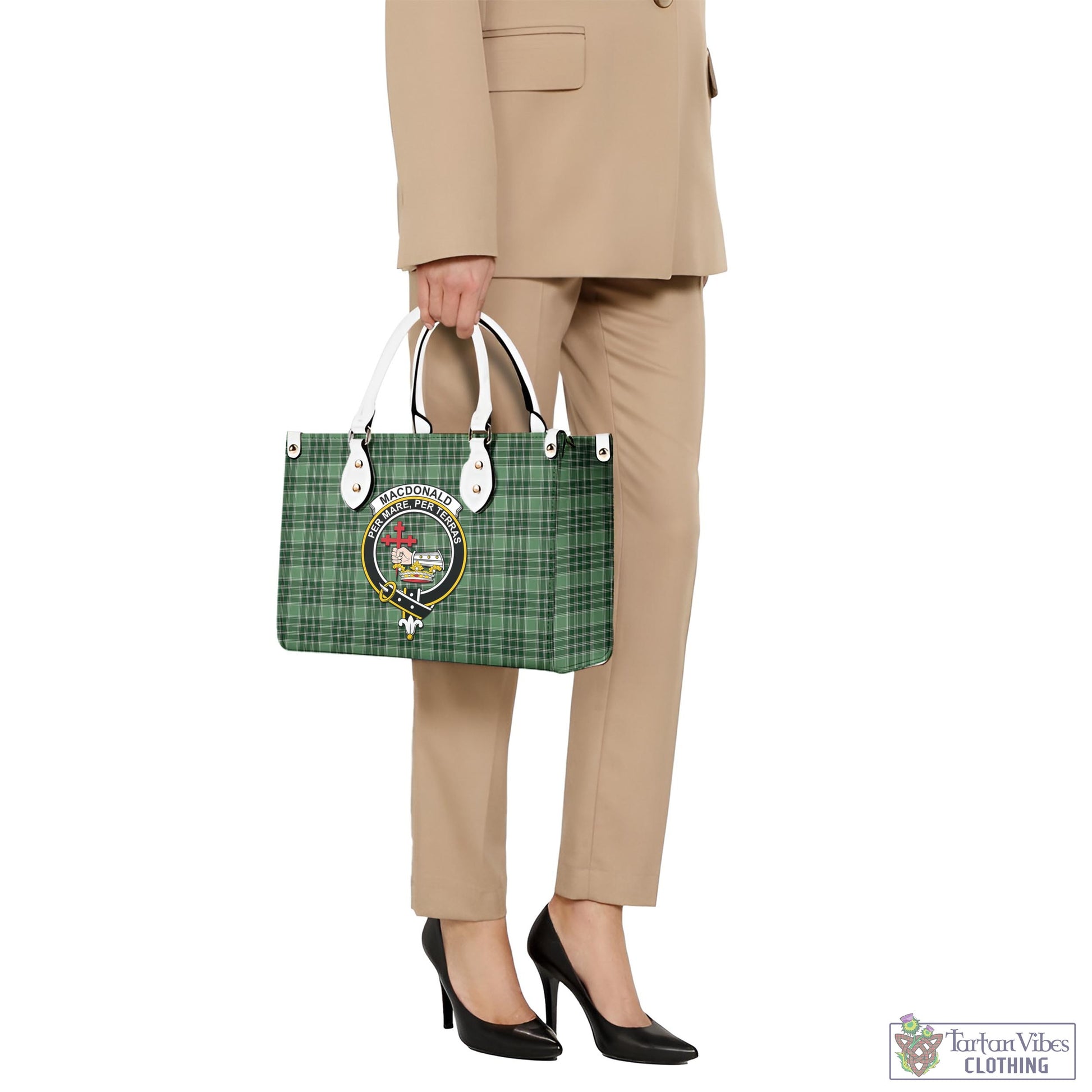 Tartan Vibes Clothing MacDonald Lord of the Isles Hunting Tartan Luxury Leather Handbags with Family Crest