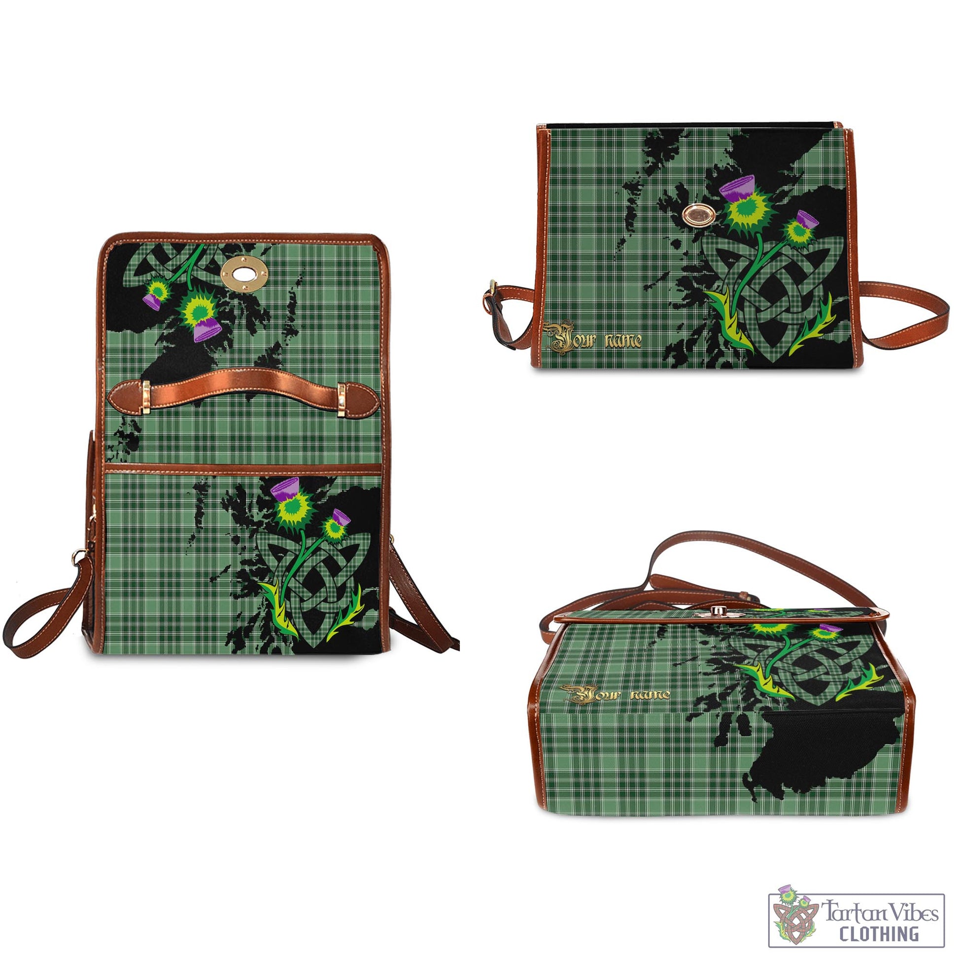 Tartan Vibes Clothing MacDonald Lord of the Isles Hunting Tartan Waterproof Canvas Bag with Scotland Map and Thistle Celtic Accents