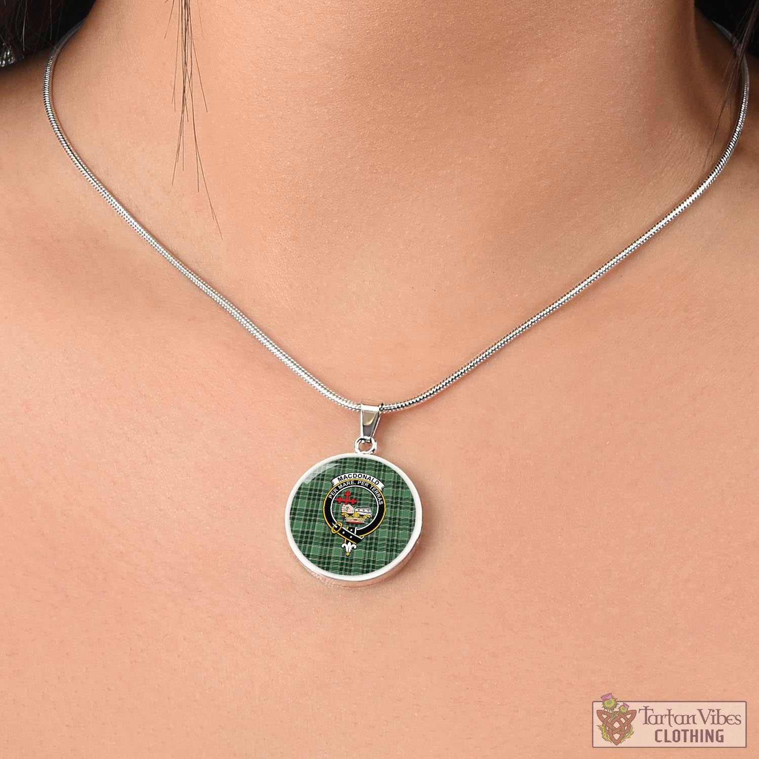 Tartan Vibes Clothing MacDonald Lord of the Isles Hunting Tartan Circle Necklace with Family Crest