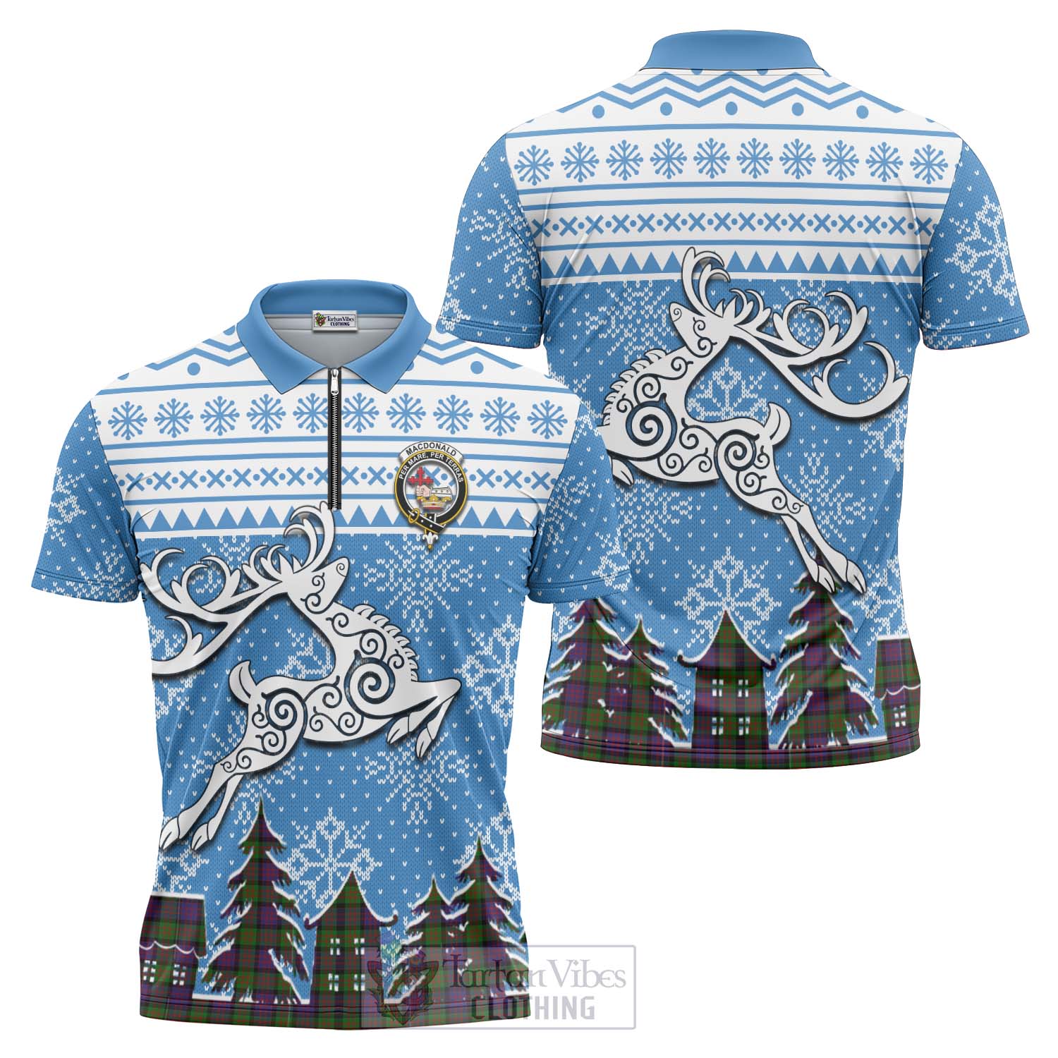 Tartan Vibes Clothing MacDonald (McDonald) Clan Christmas Zipper Polo Shirt Celtic Reindeer Style