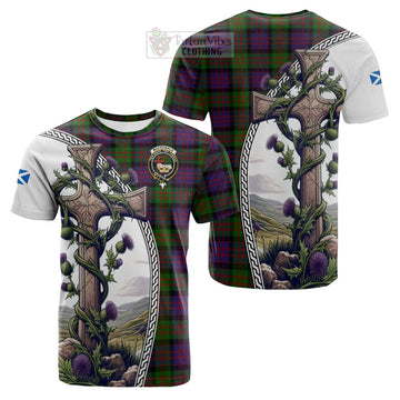 MacDonald (McDonald) Tartan Cotton T-shirt with Family Crest and St. Andrew's Cross Accented by Thistle Vines