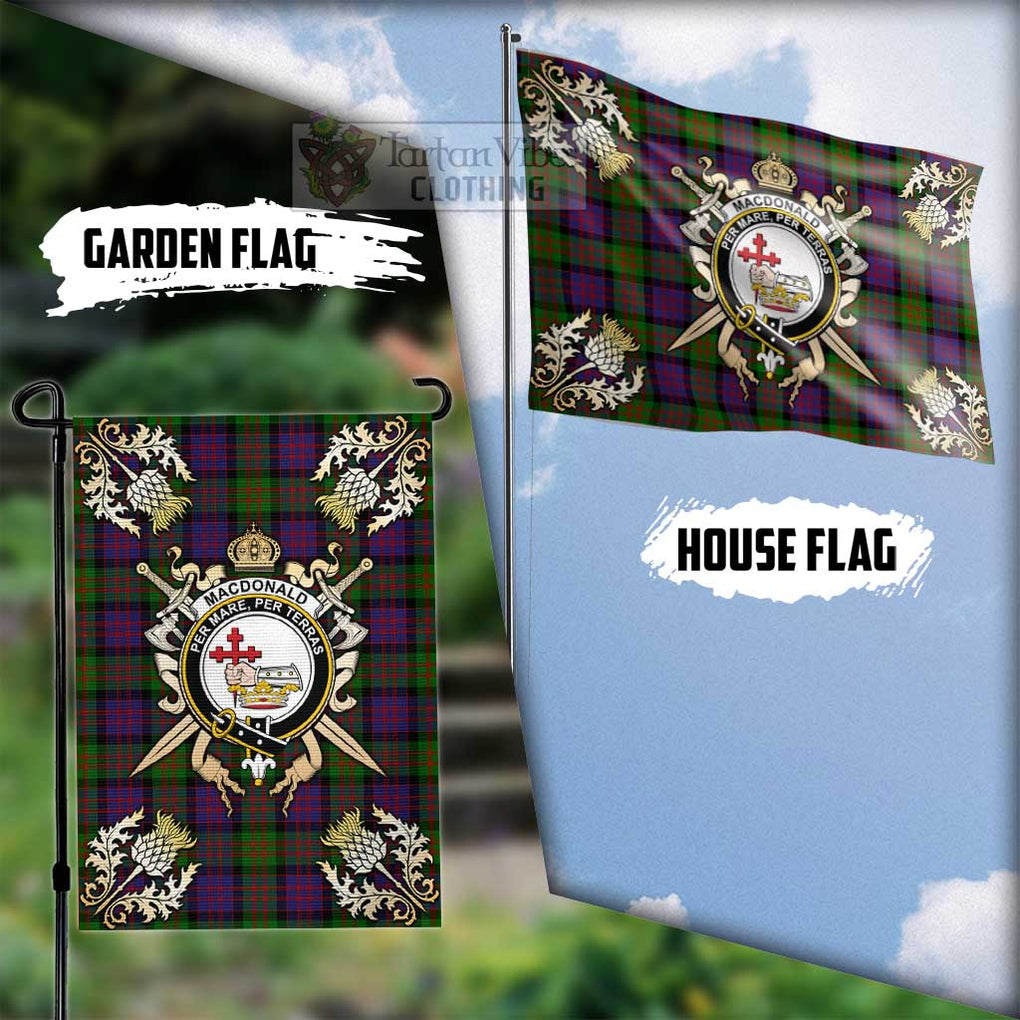 Tartan Vibes Clothing MacDonald (McDonald) Tartan Flag with Family Crest and Golden Thistle Crossed Sword Design