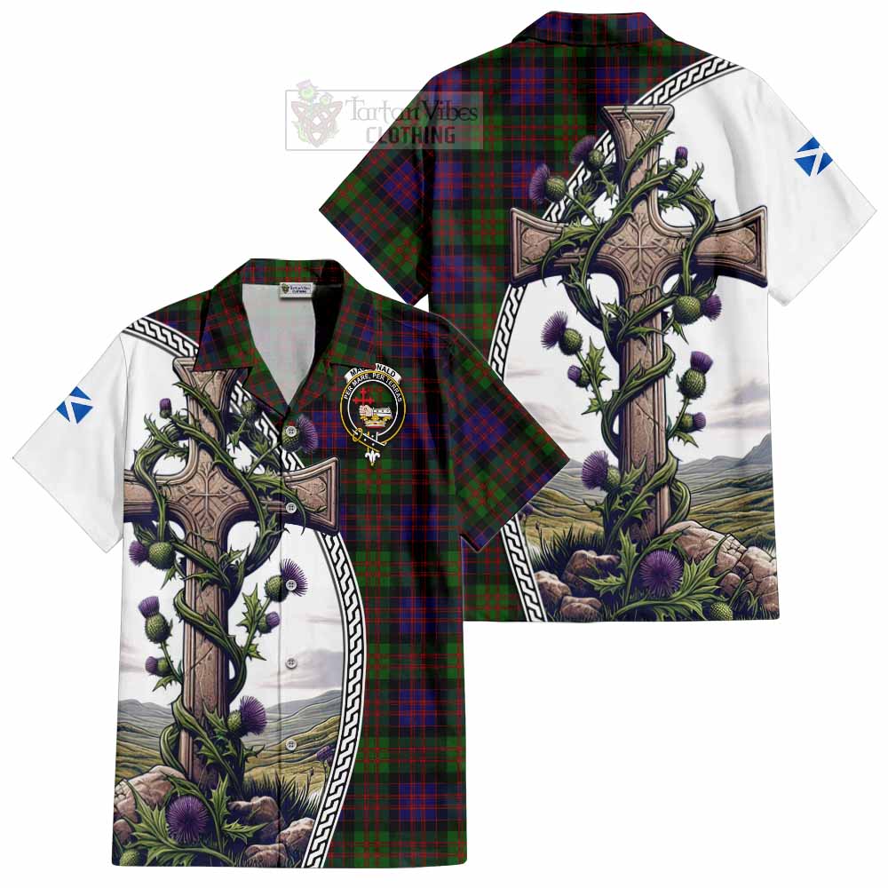 Tartan Vibes Clothing MacDonald (McDonald) Tartan Short Sleeve Button Shirt with Family Crest and St. Andrew's Cross Accented by Thistle Vines