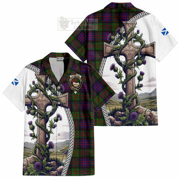 MacDonald (McDonald) Tartan Short Sleeve Button Shirt with Family Crest and St. Andrew's Cross Accented by Thistle Vines