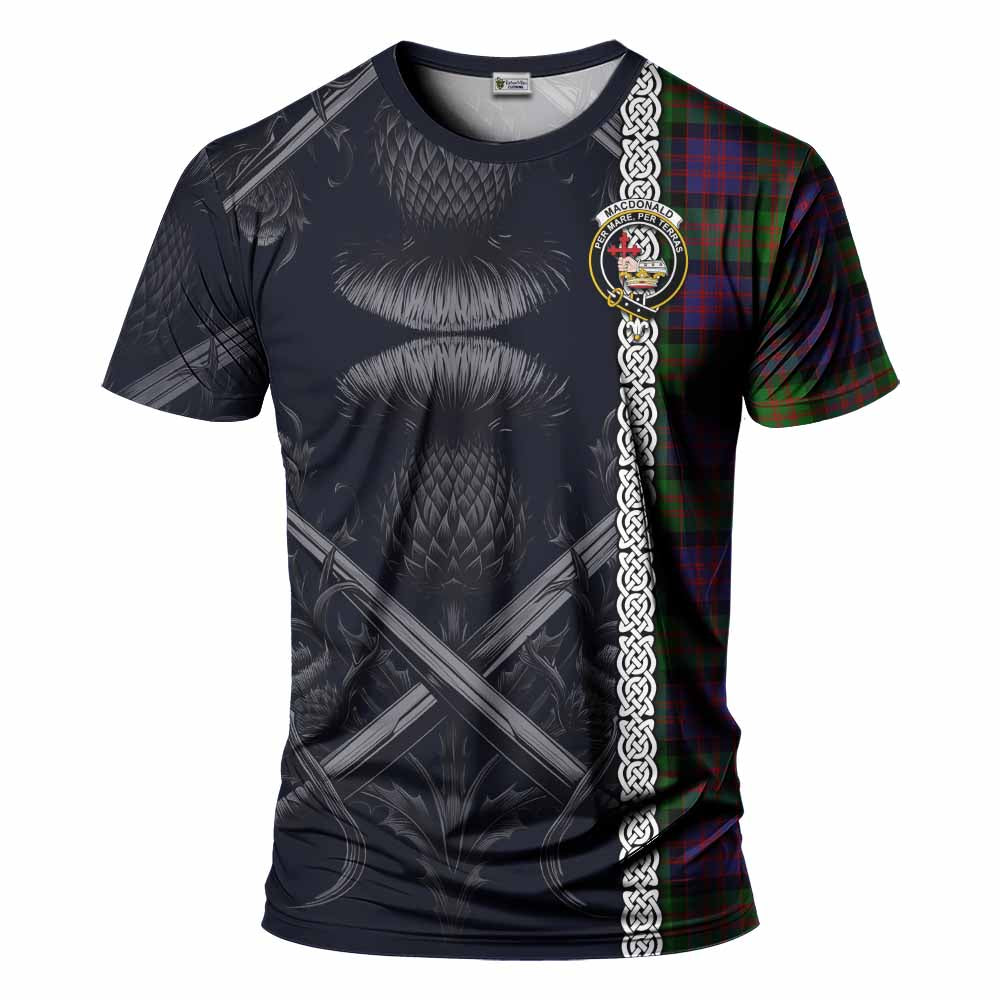 Tartan Vibes Clothing MacDonald (McDonald) Tartan T-Shirt with Family Crest Cross Sword Thistle Celtic Vibes