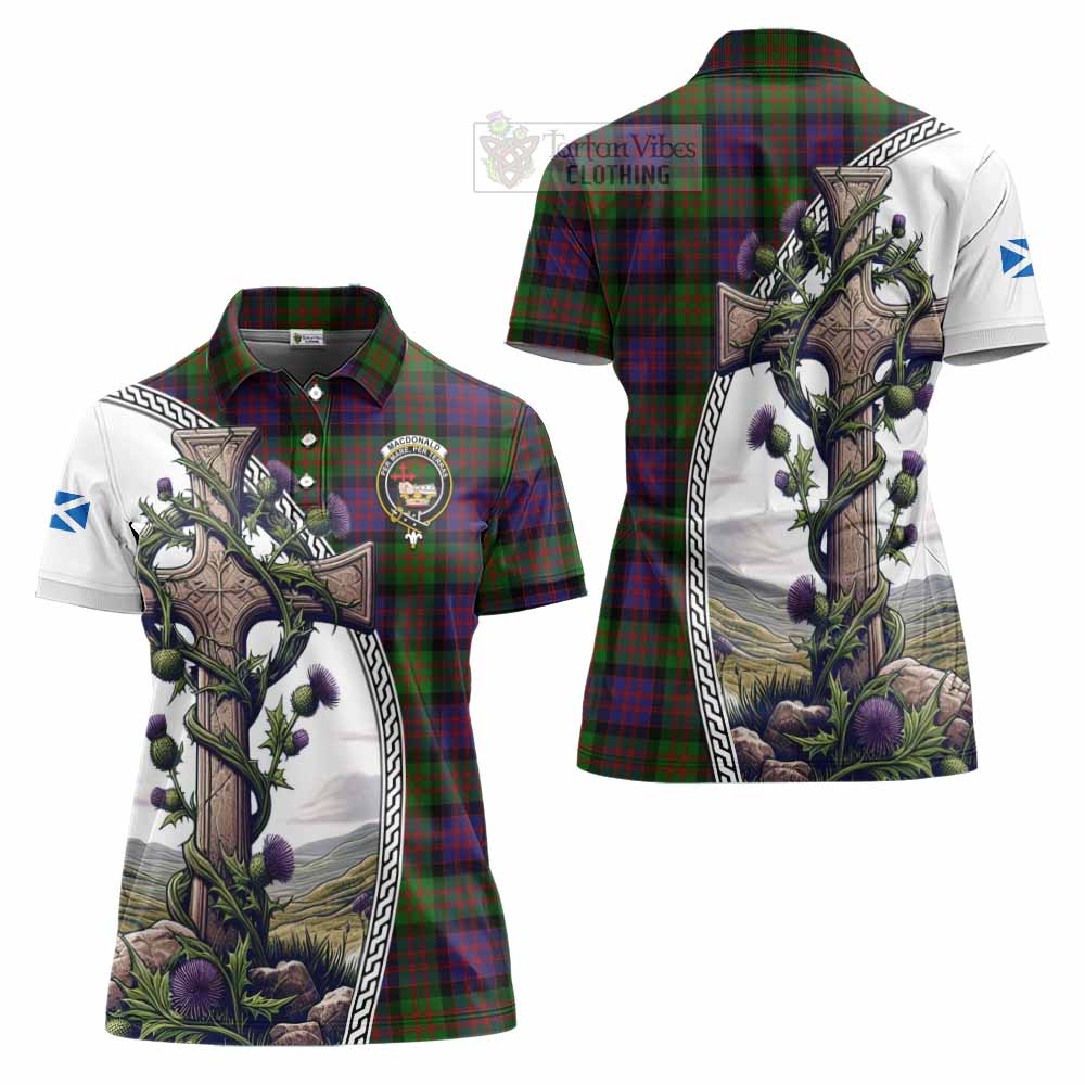 Tartan Vibes Clothing MacDonald (McDonald) Tartan Women's Polo Shirt with Family Crest and St. Andrew's Cross Accented by Thistle Vines