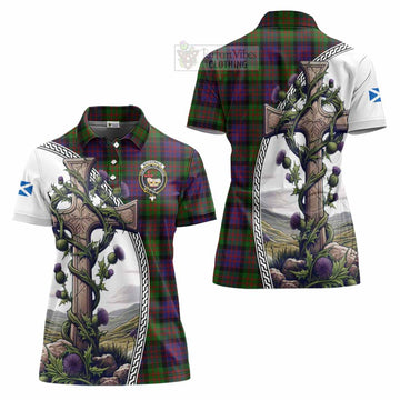 MacDonald (McDonald) Tartan Women's Polo Shirt with Family Crest and St. Andrew's Cross Accented by Thistle Vines