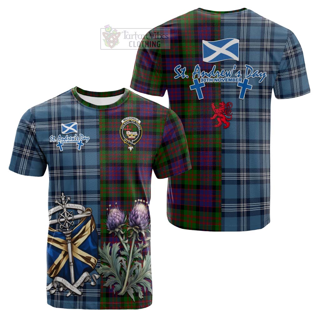 Tartan Vibes Clothing MacDonald (McDonald) Tartan Cotton T-shirt Happy St. Andrew's Day Half Tartan Style